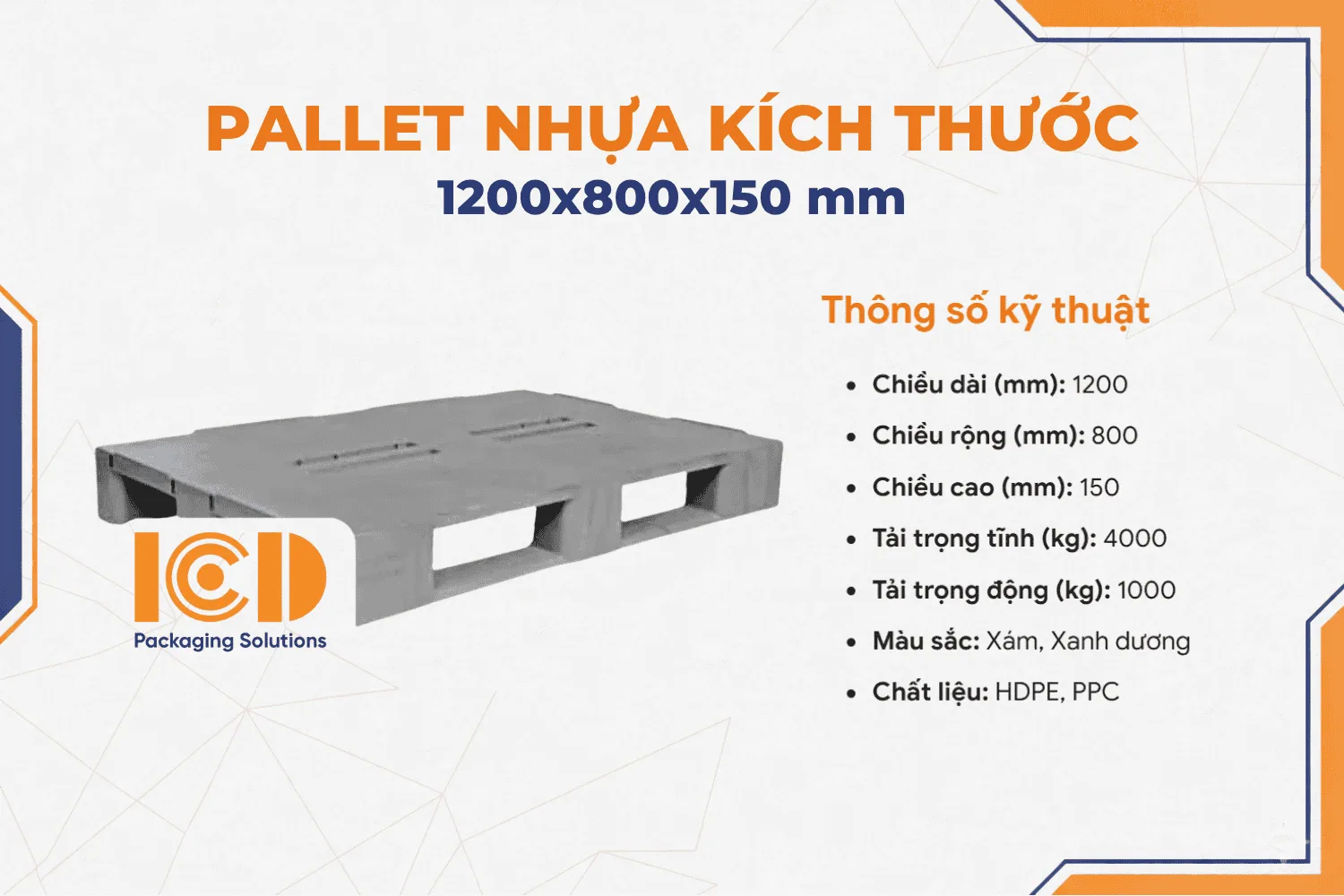 Pallet nhựa kê kho lạnh ICD KT 1200x800x150 mm