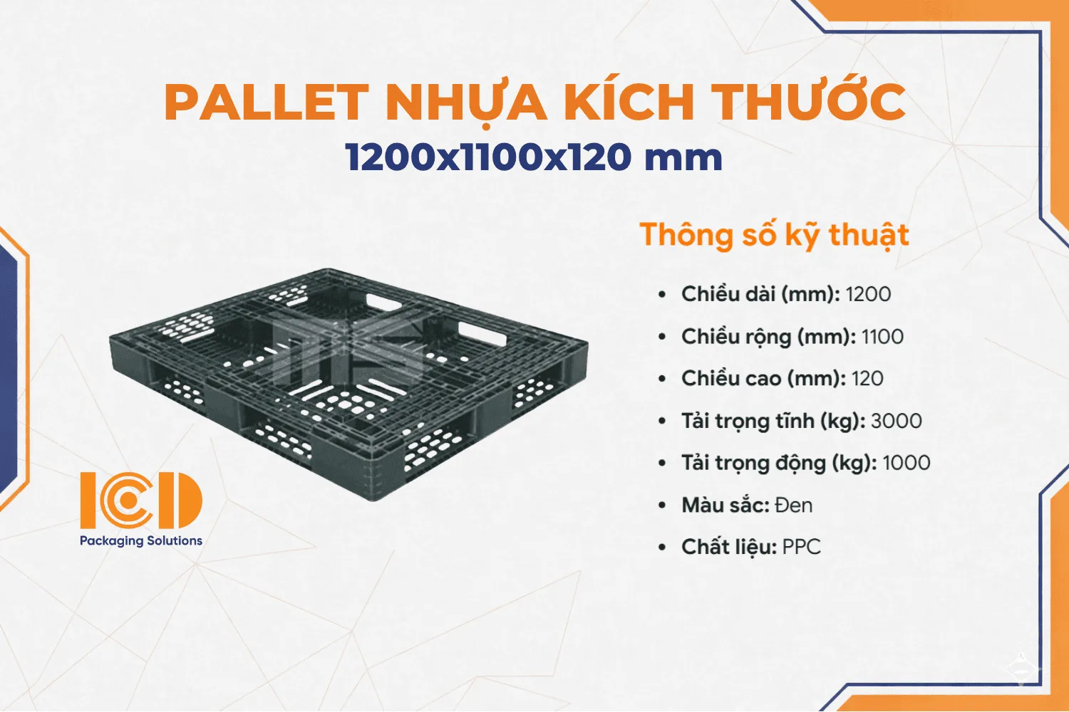 Pallet nhựa xuất khẩu màu đen 1200x1100x120 mm
