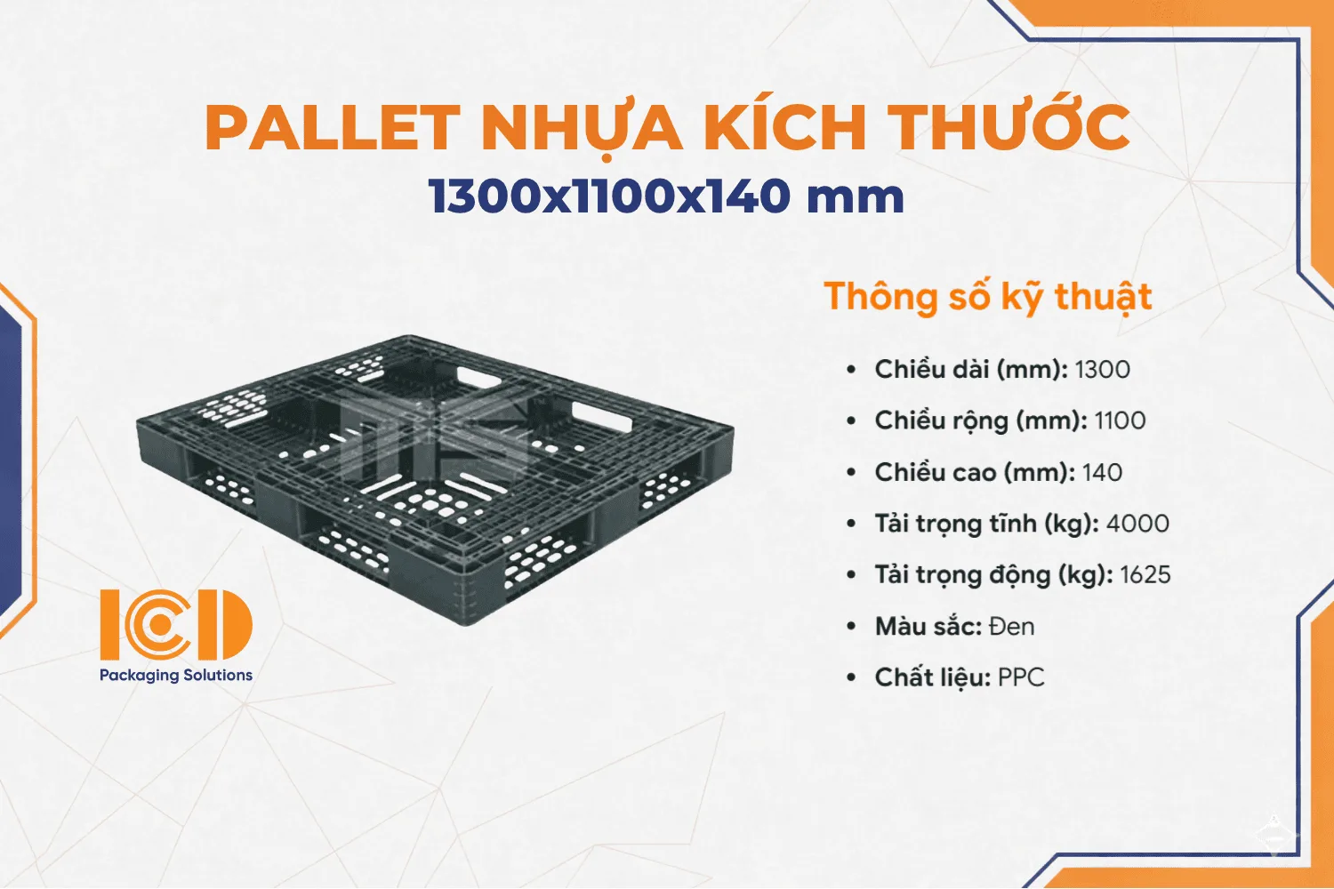 Pallet nhựa xuất khẩu 1300x1100x140 mm màu đen