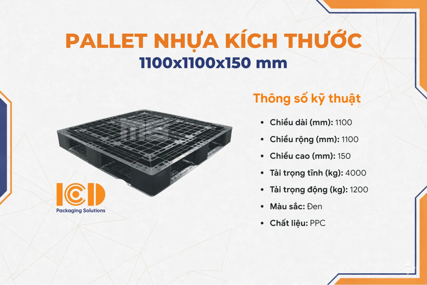 Pallet nhựa xuất khẩu màu đen KT 1100x1100x150 mm