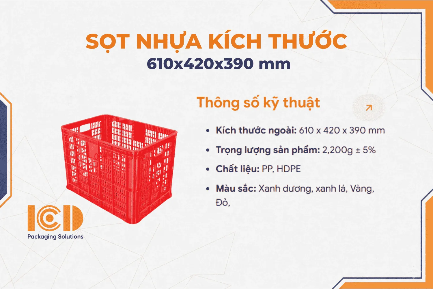 Sọt nhựa, thùng nhựa hở, sóng hở màu đỏ ICD KT 610x420x390 mm