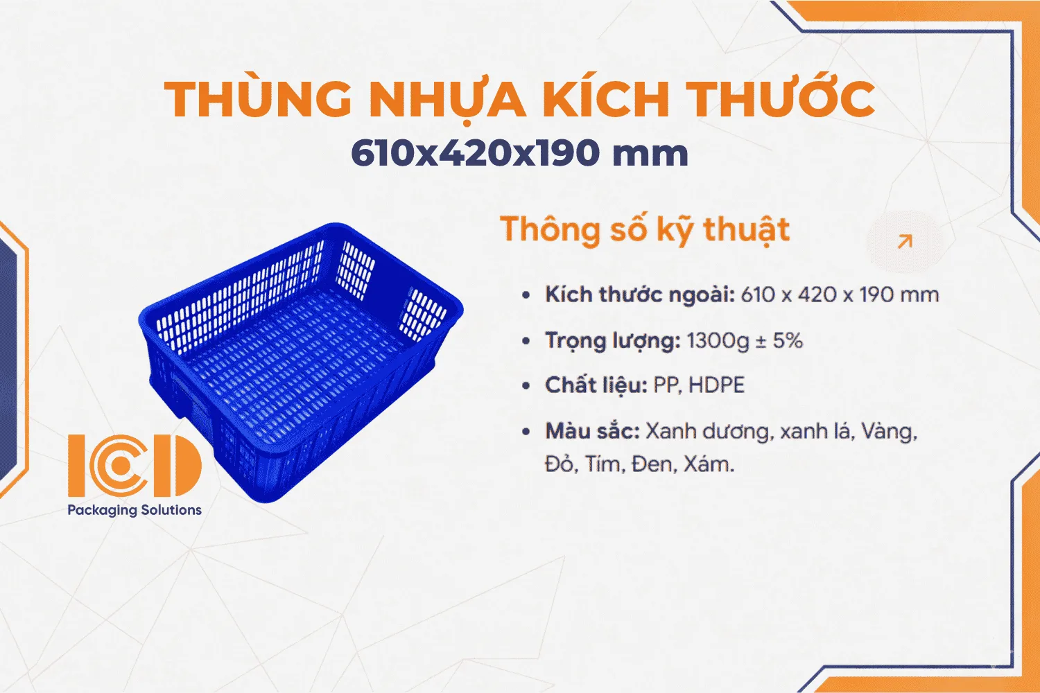 Thùng nhựa 4 sóng hở ICD KT 610x420x190 mm