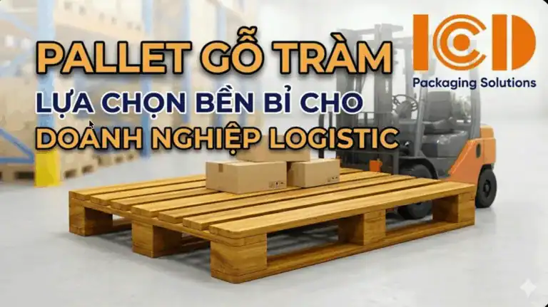 Hình minh họa pallet gỗ tràm chất thùng carton trong kho, phía sau là xe nâng