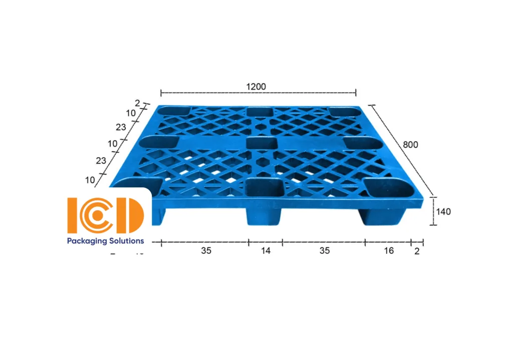 Pallet nhựa cốc ICD KT 800x1200x140mm xanh