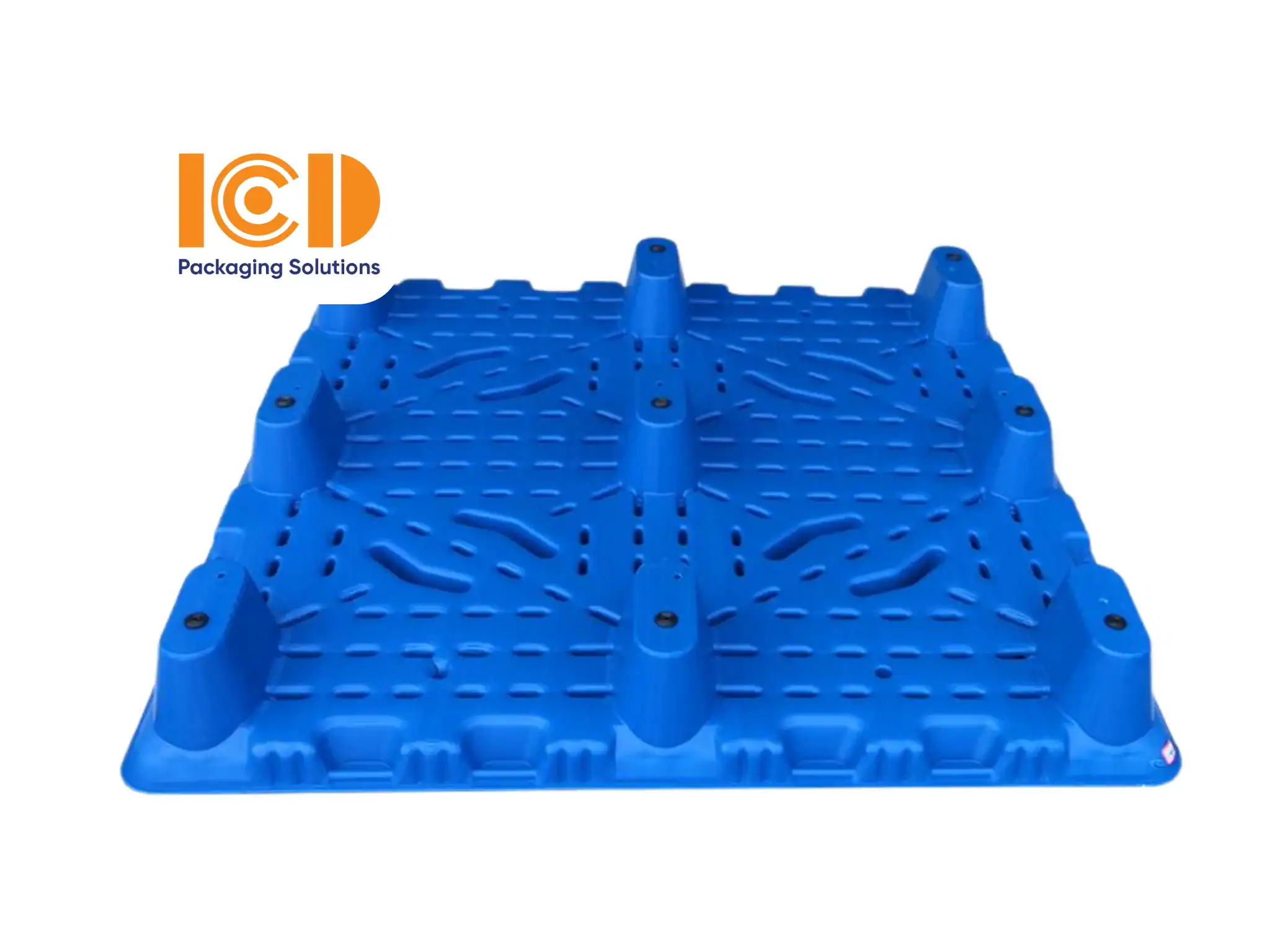 Mặt đáy pallet nhựa cốc 9 chân XU 1212 1200x1200x150 mm lật ngửa cho thấy các chân cốc rỗng