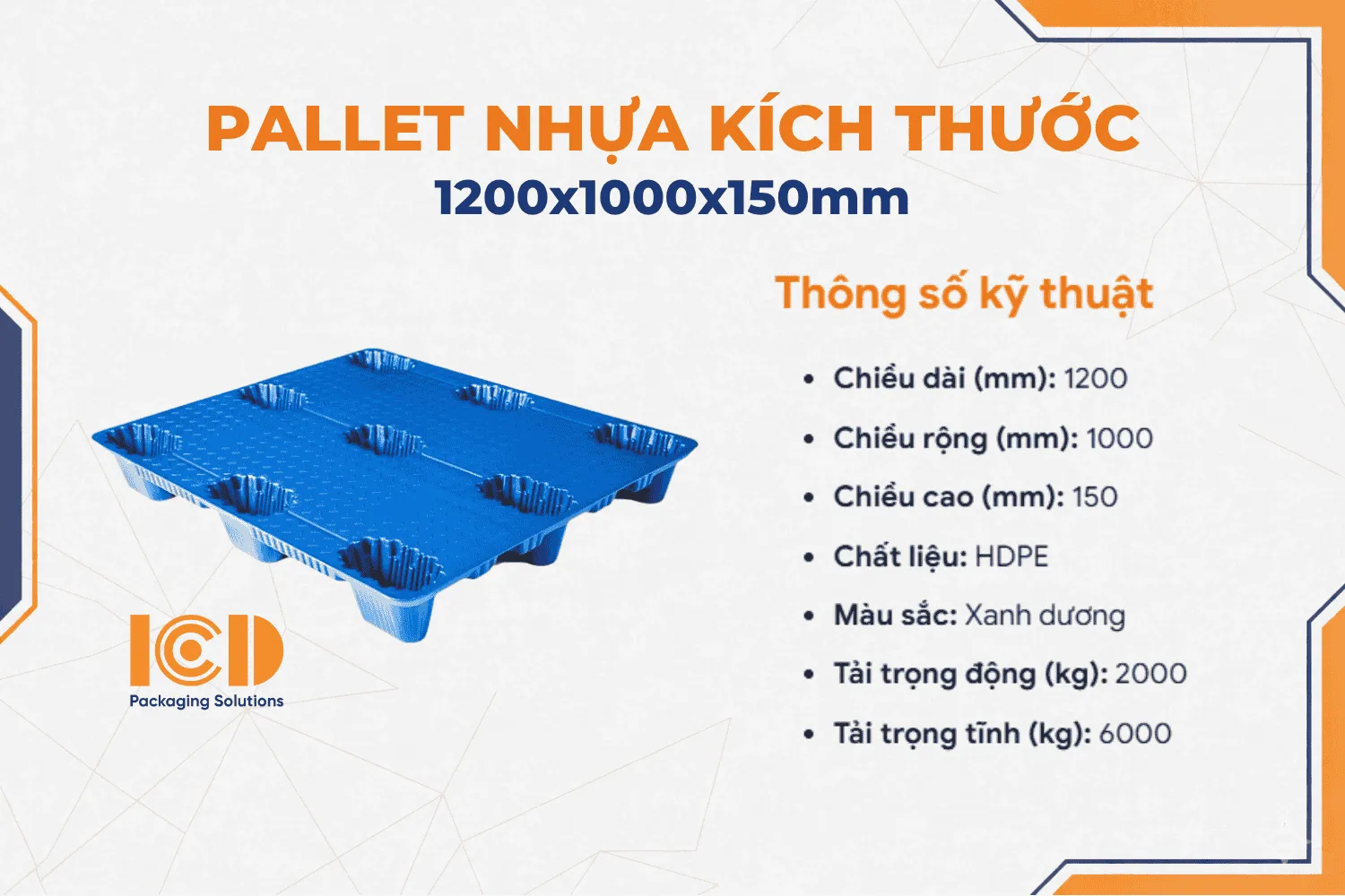 Pallet nhựa cốc 9 chân ICD KT 1210 1200x1000x150 mm xanh dương