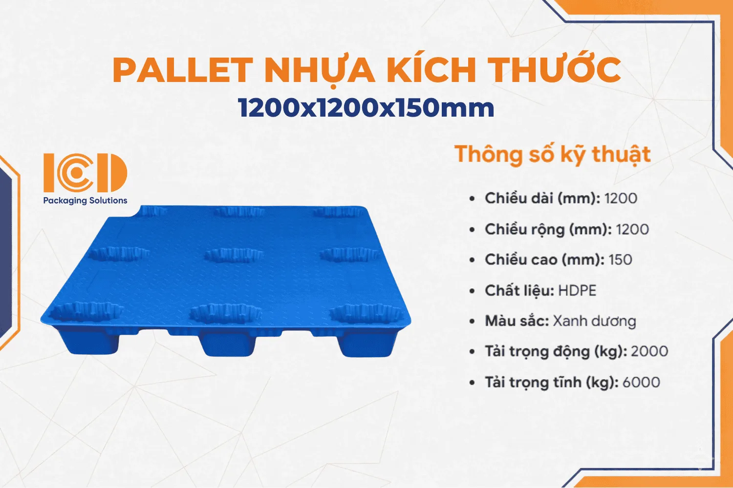 Pallet nhựa cốc 9 chân ép thổi ICD KT 1200x1200x150 mm xanh dương