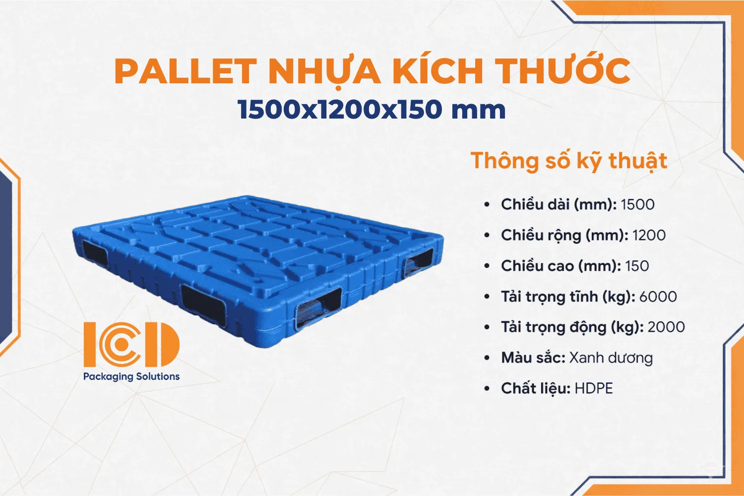 Pallet Nhựa Thổi Đúc 2 mặt ICD XU 2M 1512 1500x1200x150 mm màu xanh dương