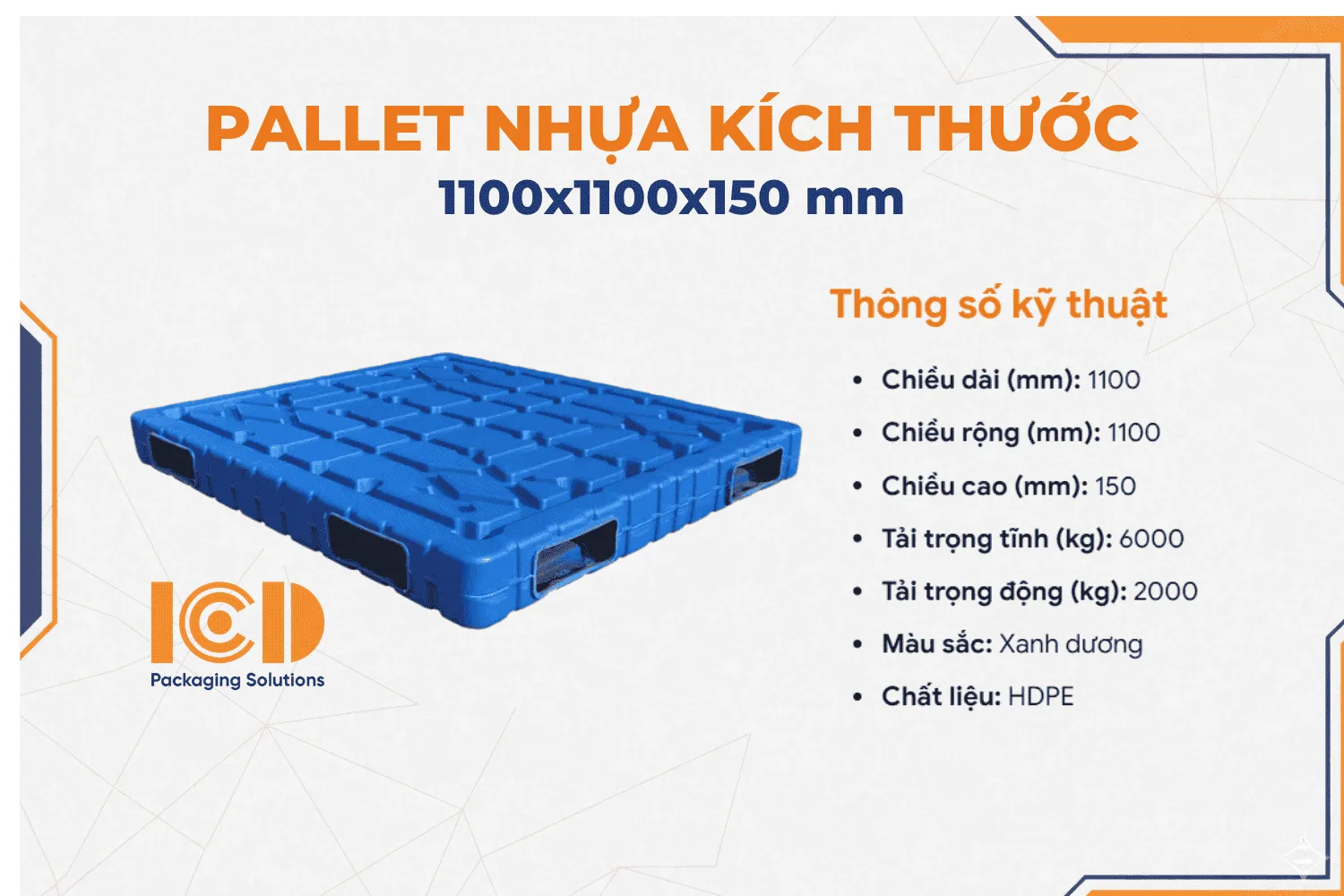 Pallet Nhựa Thổi Đúc ICD XU 2M 1111 1100x1100x150 mm màu xanh dương