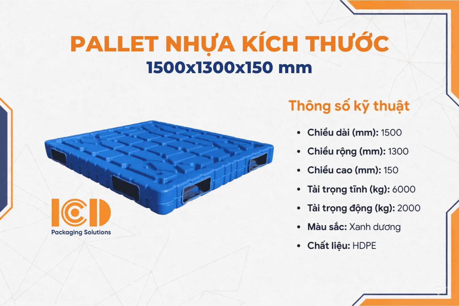 Pallet Nhựa Thổi Đúc ICD XU 2M 1513 1500x1300x150 mm màu xanh dương