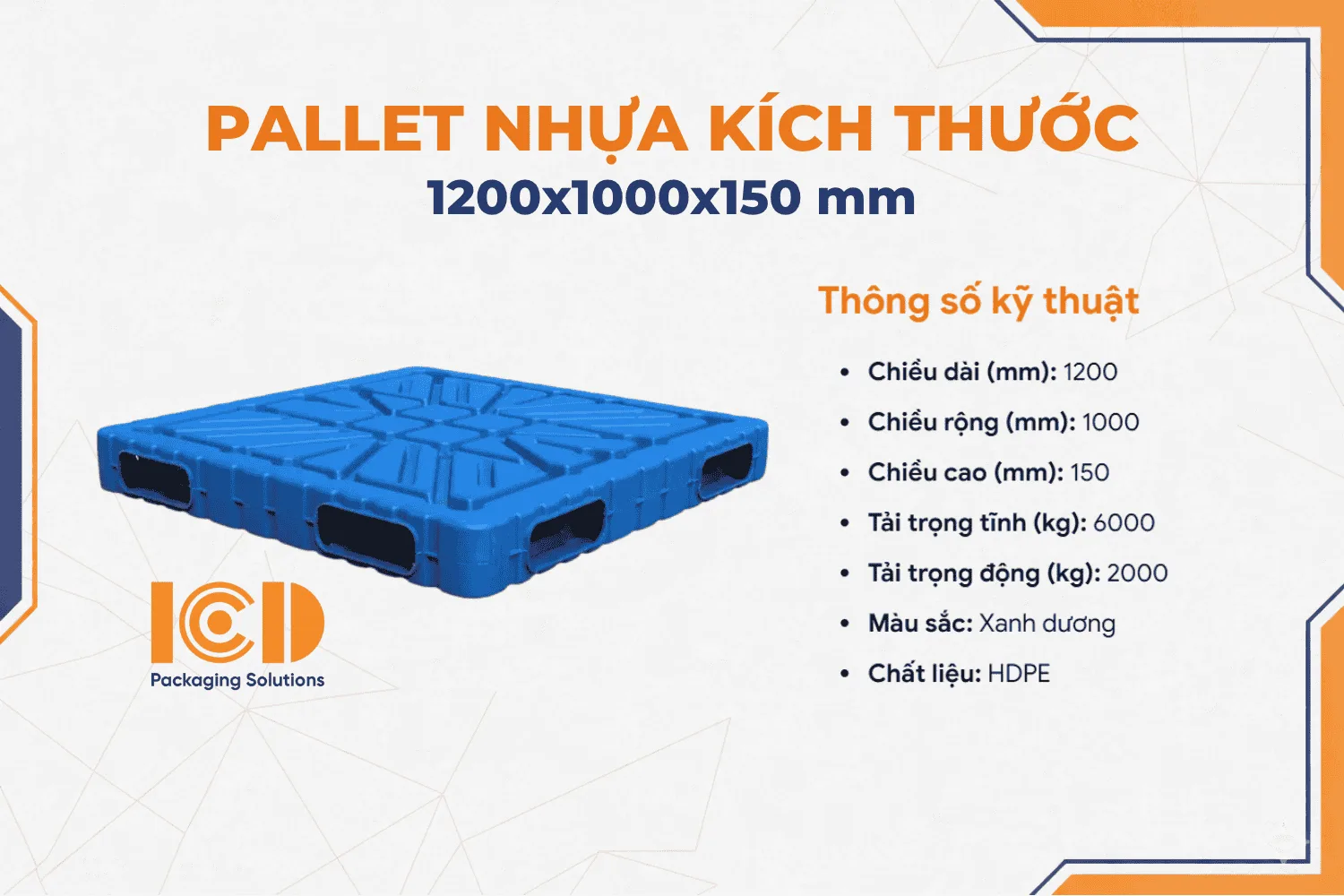 Pallet Thổi Khuôn Đúc Liền Khối 2 mặt ICD XU 2M 1210 1200x1000x150 mm màu xanh dương