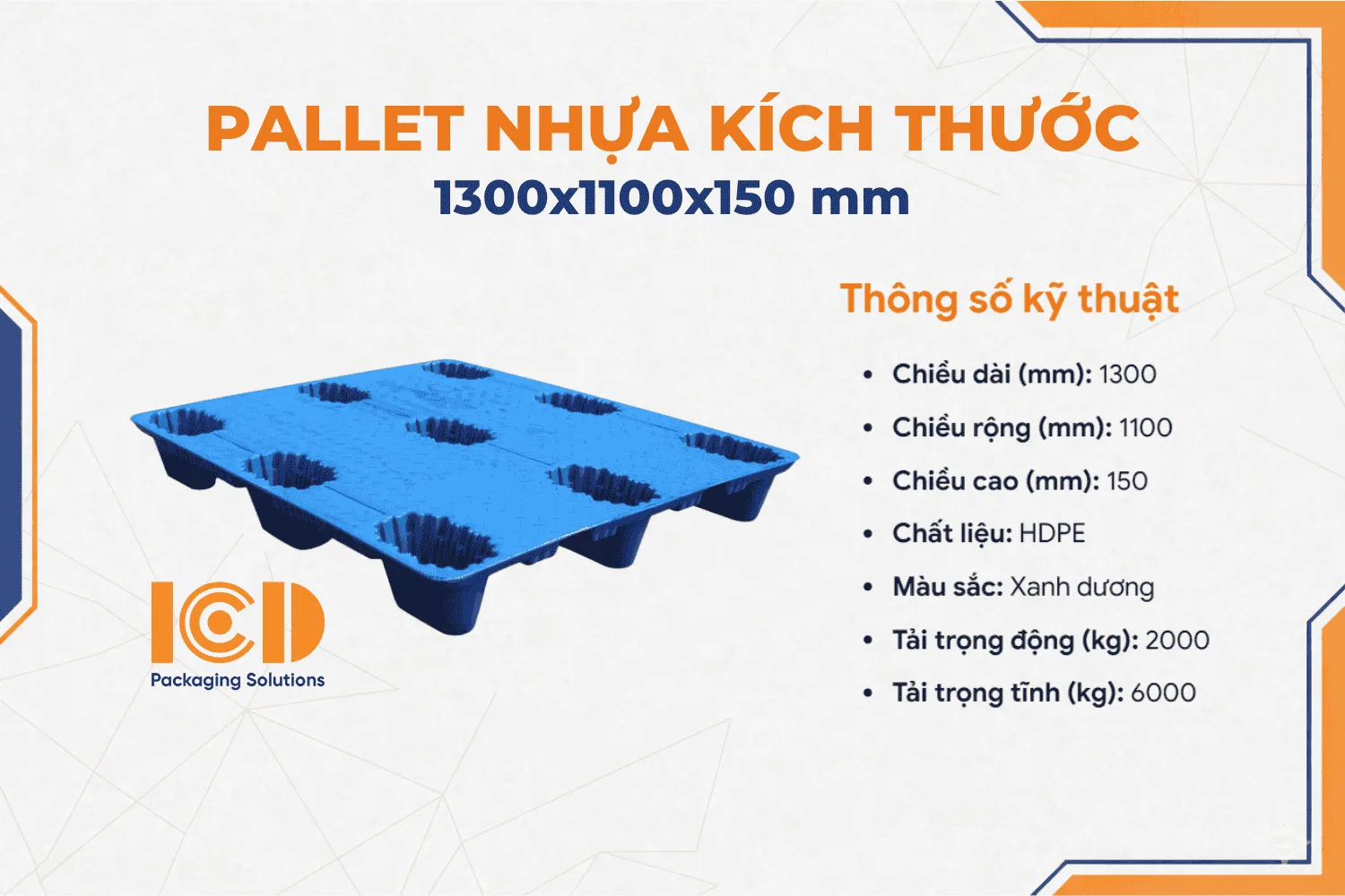 Pallet nhựa cốc 9 chân đúc thổi ICD XU C9 1311 1300x1100x150 mm xanh dương 