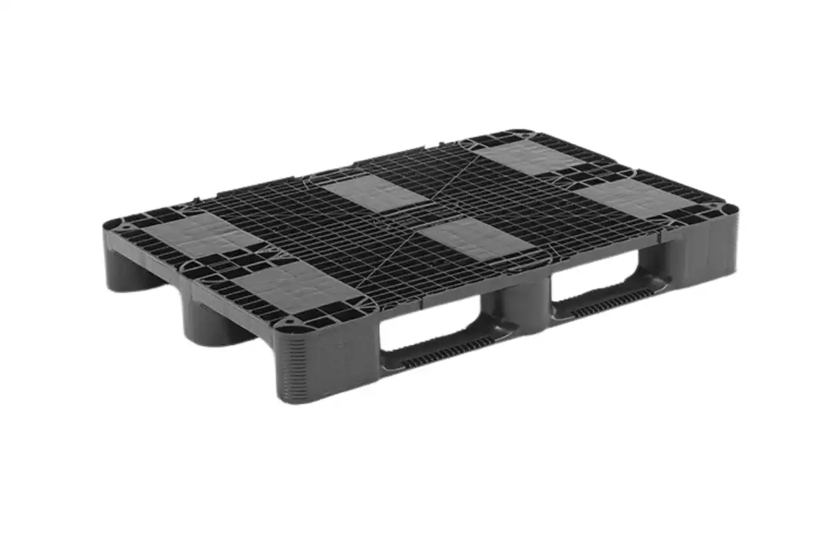 Black 3-runner plastic pallet tilted, with the top deck and fork entries on both sides clearly visible