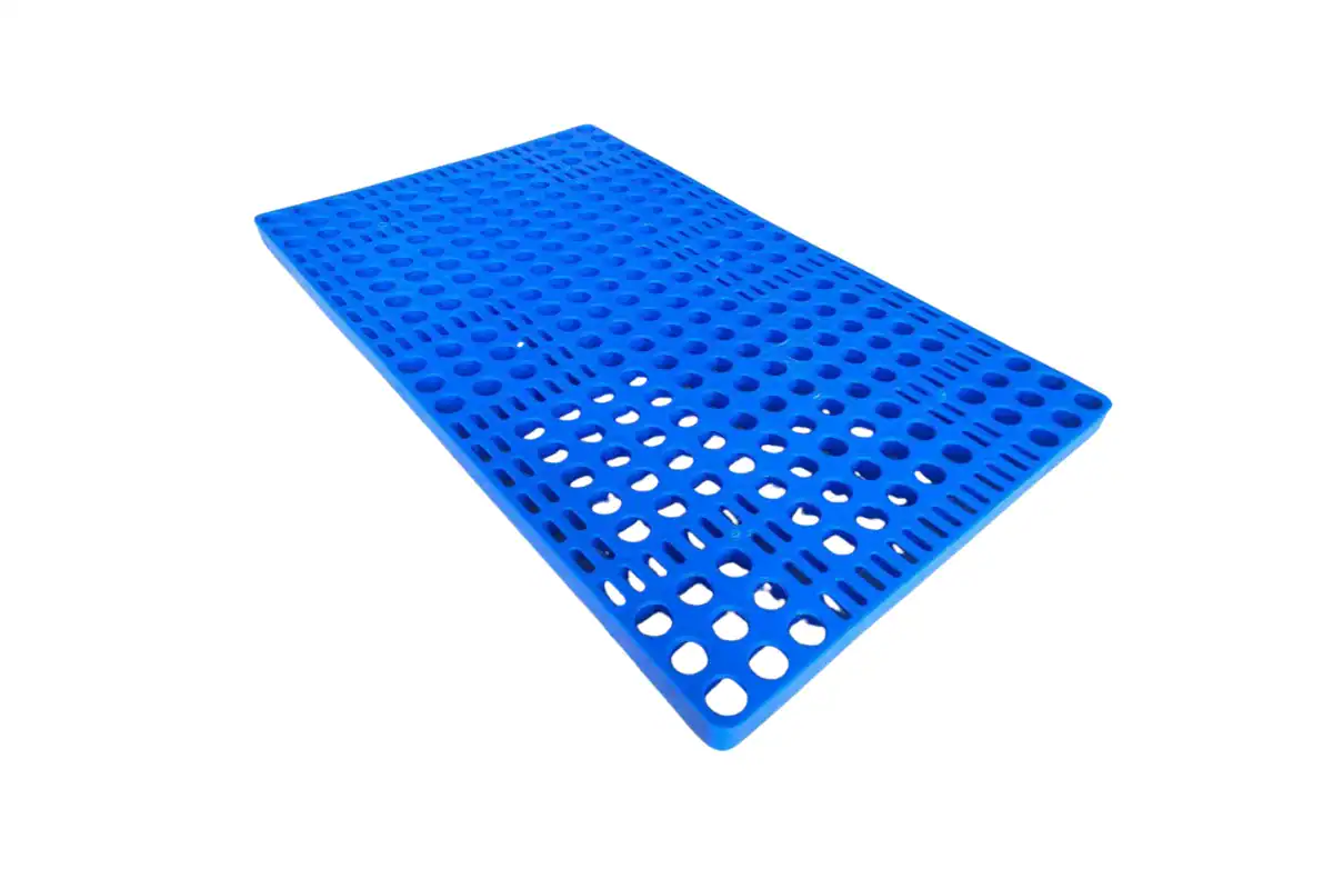 Thin blue plastic floor-lining sheet with a perforated deck