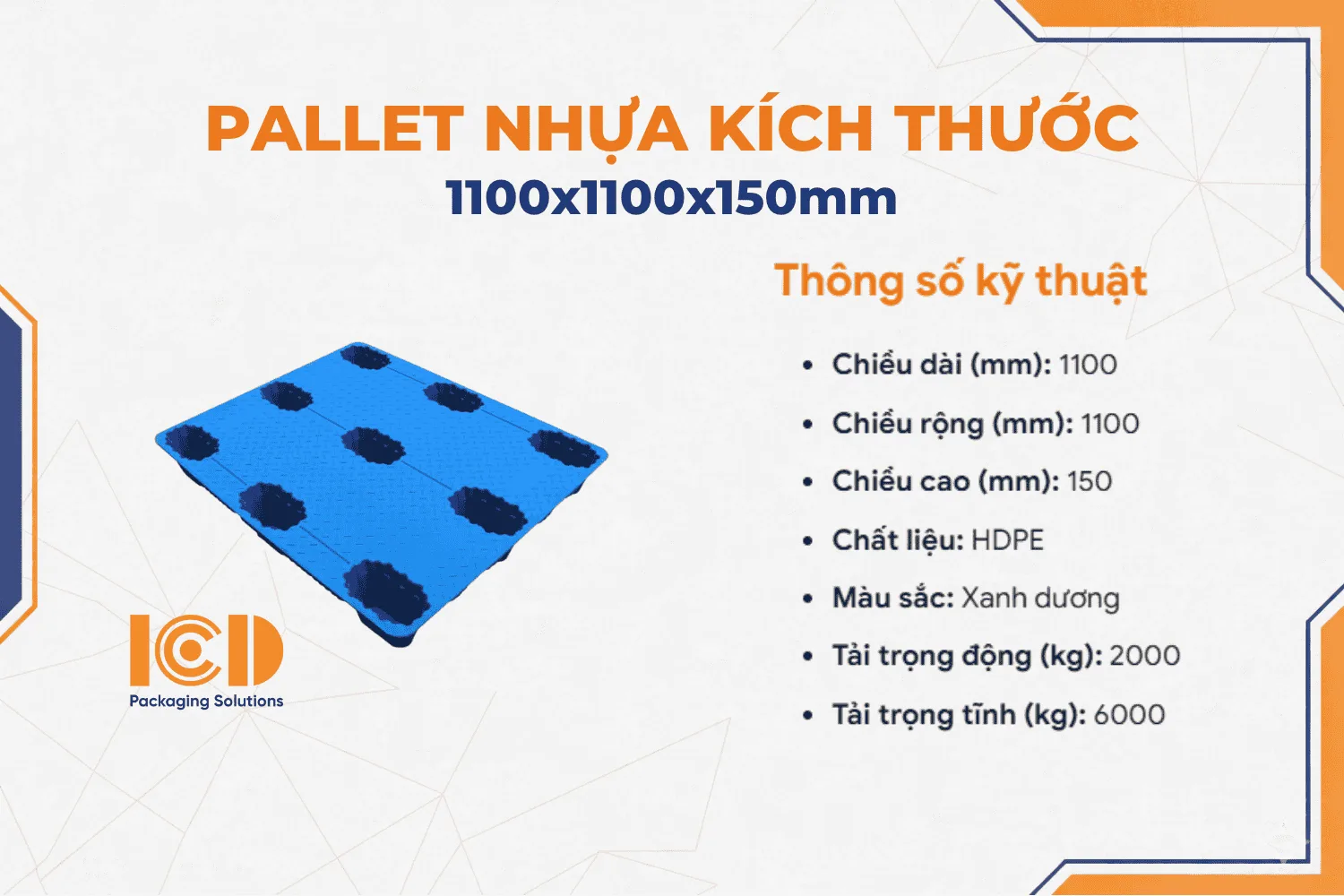 Pallet Nhựa cốc đúc thổi 9 chân ICD KT 1100x1100x150 mm xanh dương