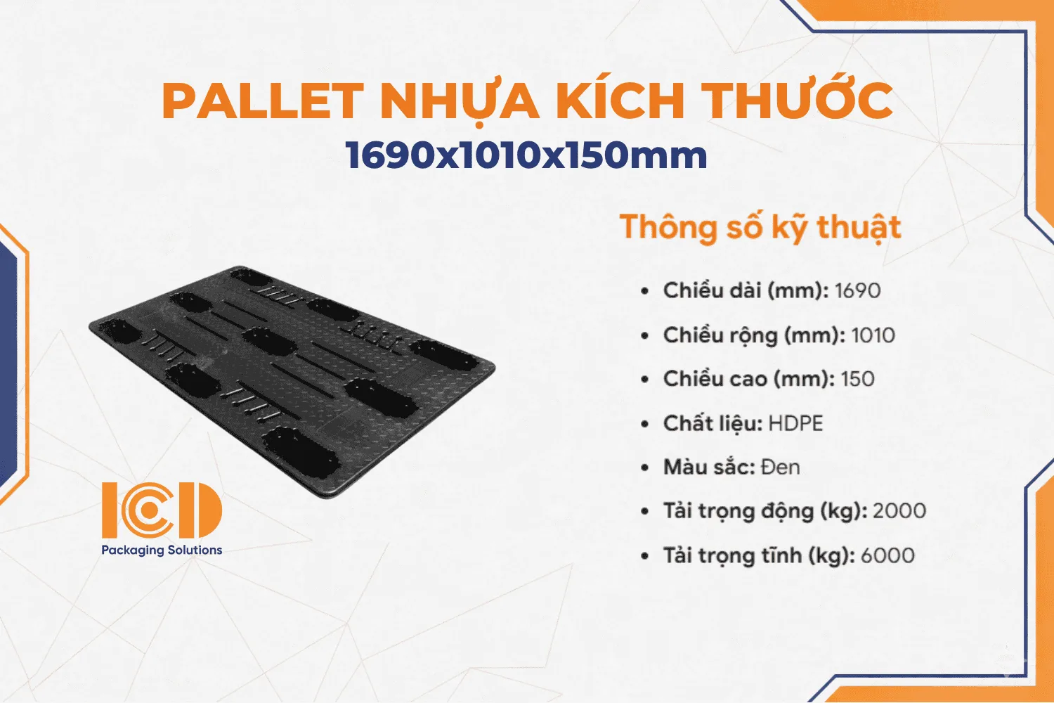 Pallet Nhựa Cốc Thổi Đúc 9 chân ICD KT 1690x1010x150 mm màu đen