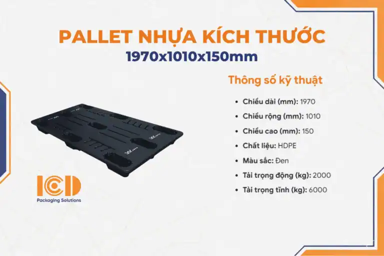 Pallet nhựa cốc ICD 1970x1010x150mm màu đen kèm bảng thông số kỹ thuật
