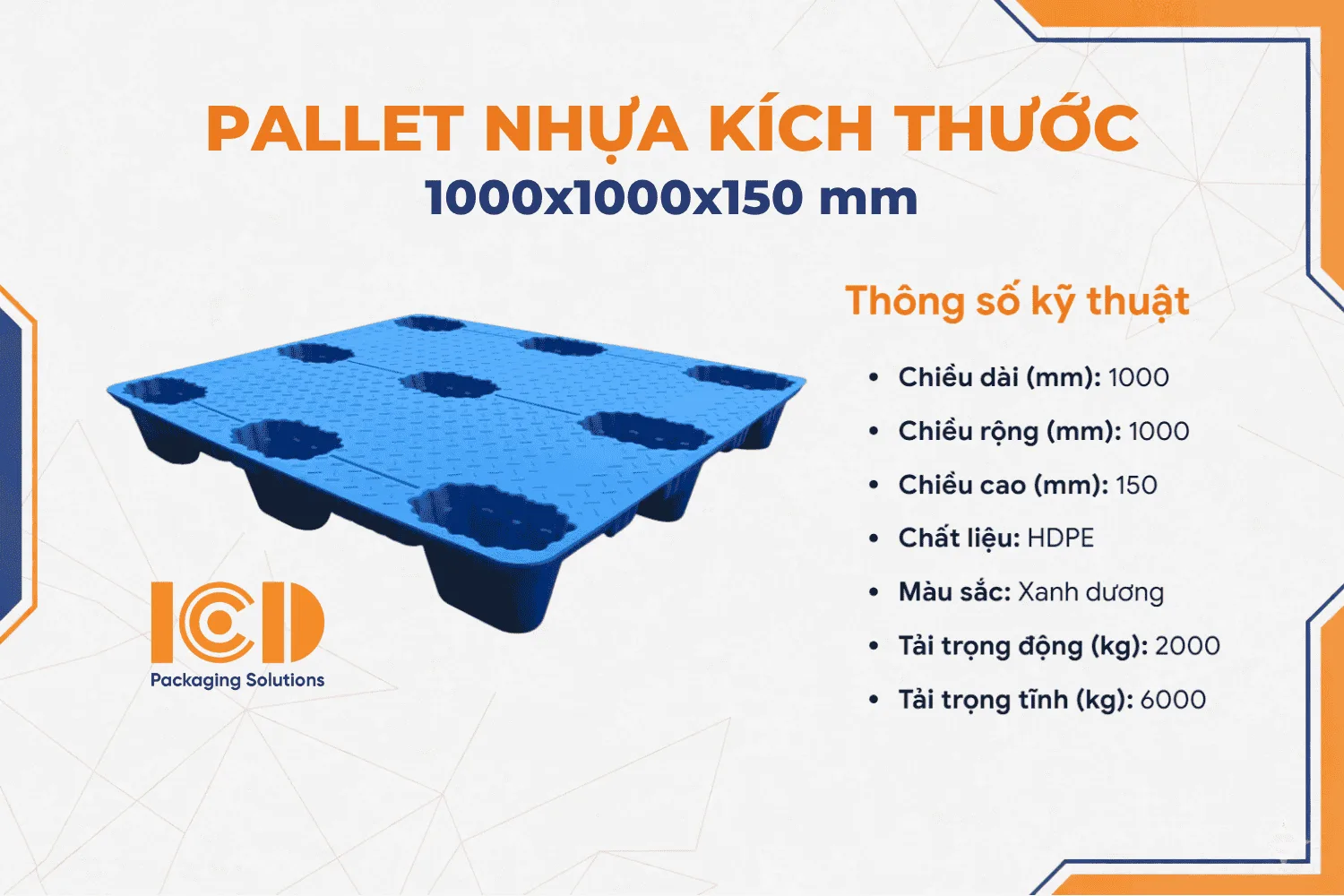 Pallet nhựa thổi đúc 9 chân ICD XU C9 1010 1000x1000x150 mm xanh dương