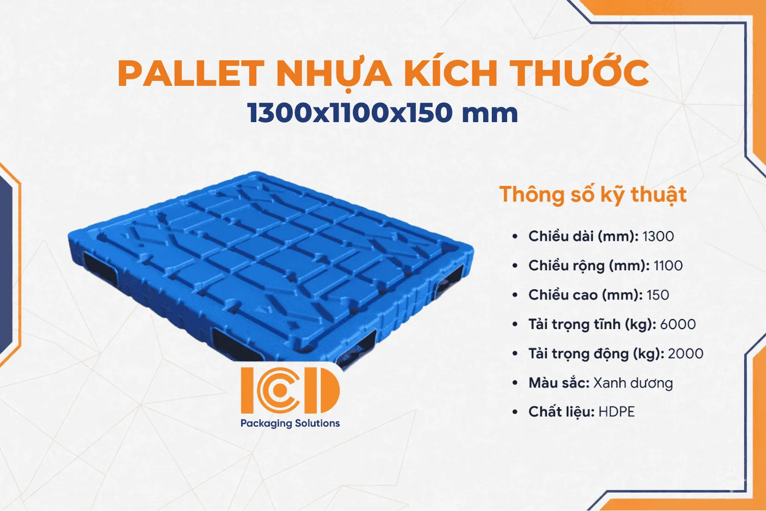 Pallet thổi khuôn ICD XU 2M 1311 1300 x 1100 x 150 mm màu xanh