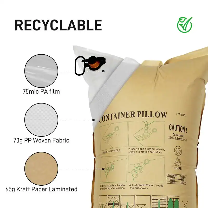 Ba lớp vật liệu túi khí chèn hàng: màng PA 75 micron, vải PP dệt 70 g, giấy Kraft ghép màng 65 g