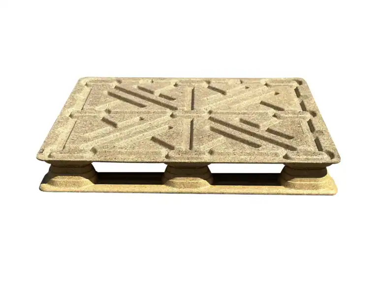 One-piece moulded pressed sawdust pallet with a ribbed deck and 9 cylindrical legs