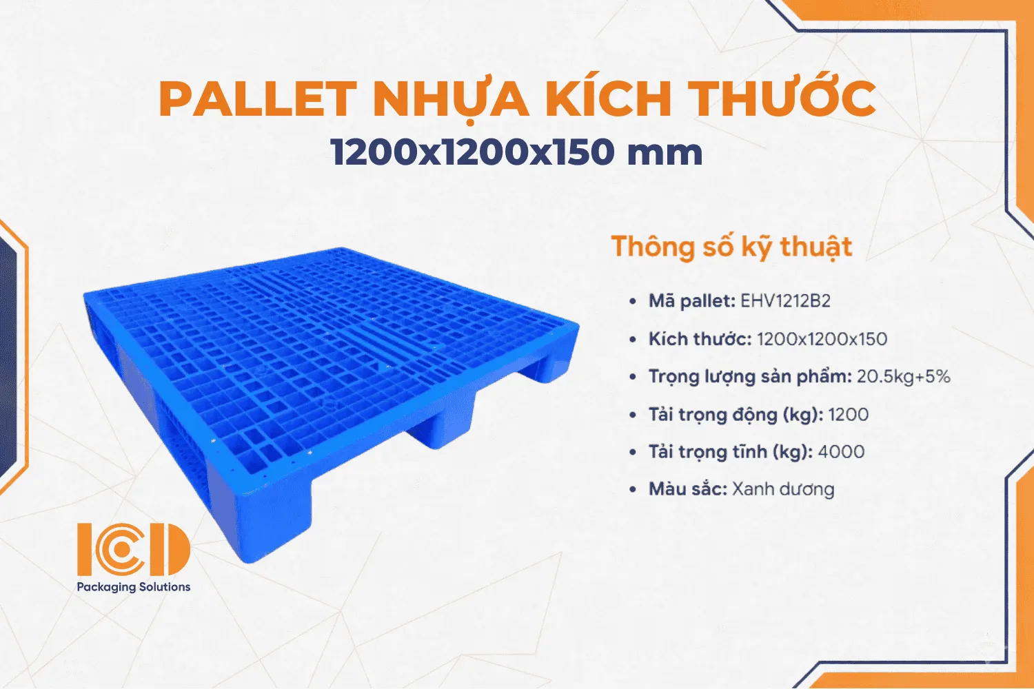 Pallet nhựa 3 chân kích thước 1200x1200x150mm