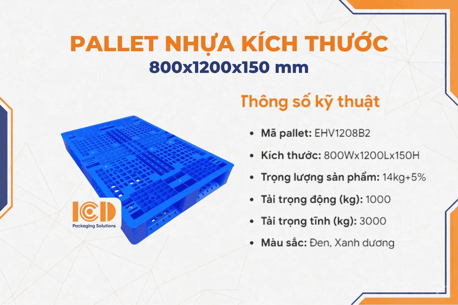 Pallet nhựa 3 chân kích thước 800x1200x150mm