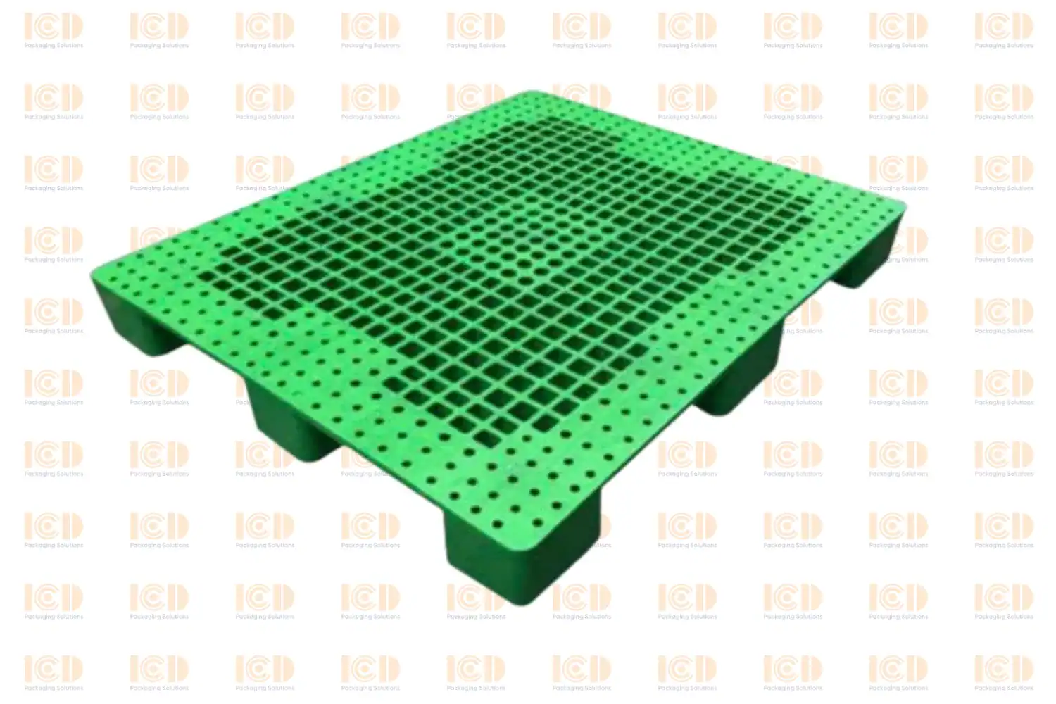 Green nine-leg open-deck floor-lining plastic pallet measuring 1000x1200x140 mm
