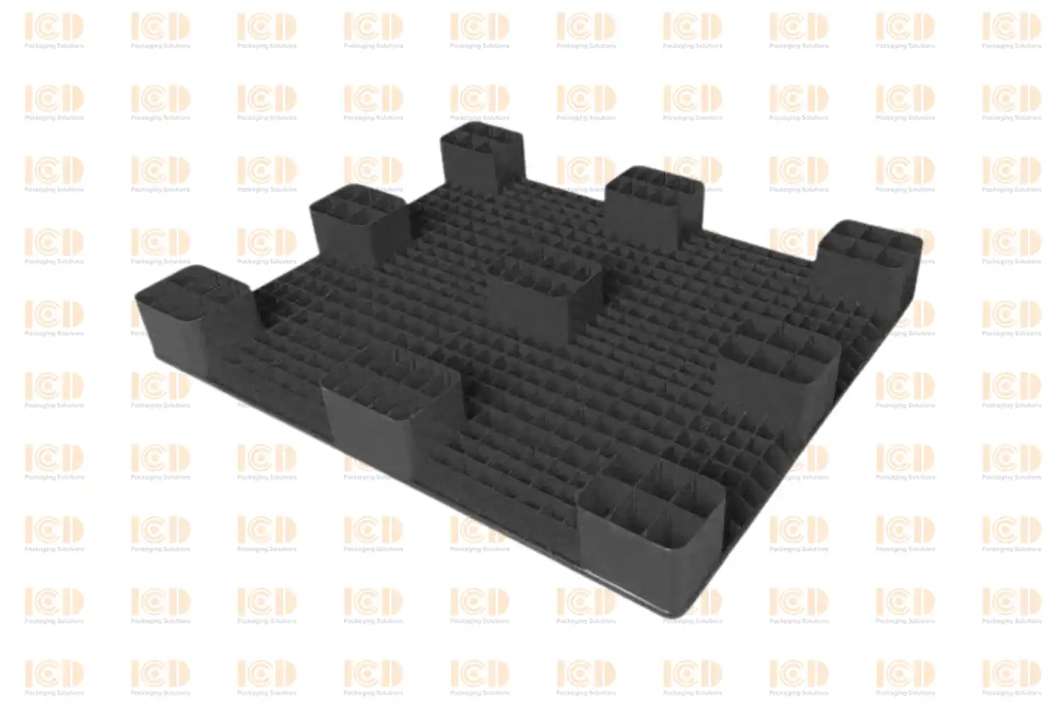 Mặt dưới pallet nhựa lót sàn 9 chân gù 1000 x 1200 x 140 mm màu đen, lật ngửa thấy chín chân gù