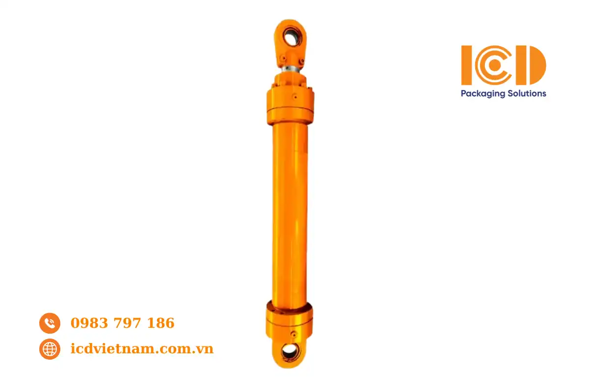 Orange hydraulic cylinder with a ram and oil fittings on a white background