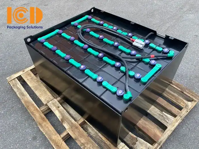 Black steel-cased lead-acid forklift battery made of several cells joined by cables, standing on a wooden pallet