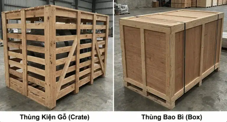 Thùng kiện gỗ đóng thưa (crate) và thùng gỗ đóng kín (box) đặt trên đế pallet