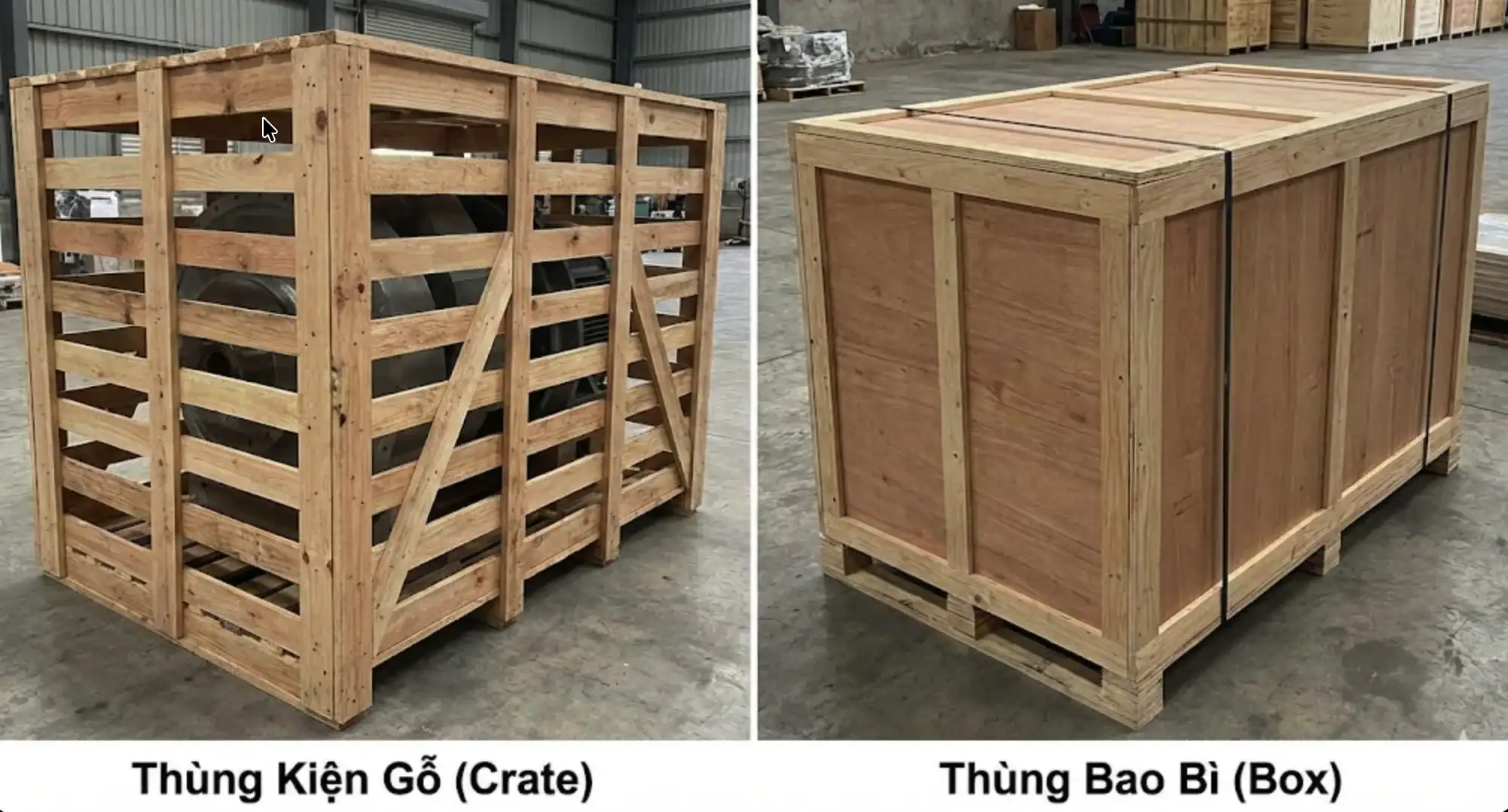 An open wooden crate and a closed wooden box standing on pallet bases