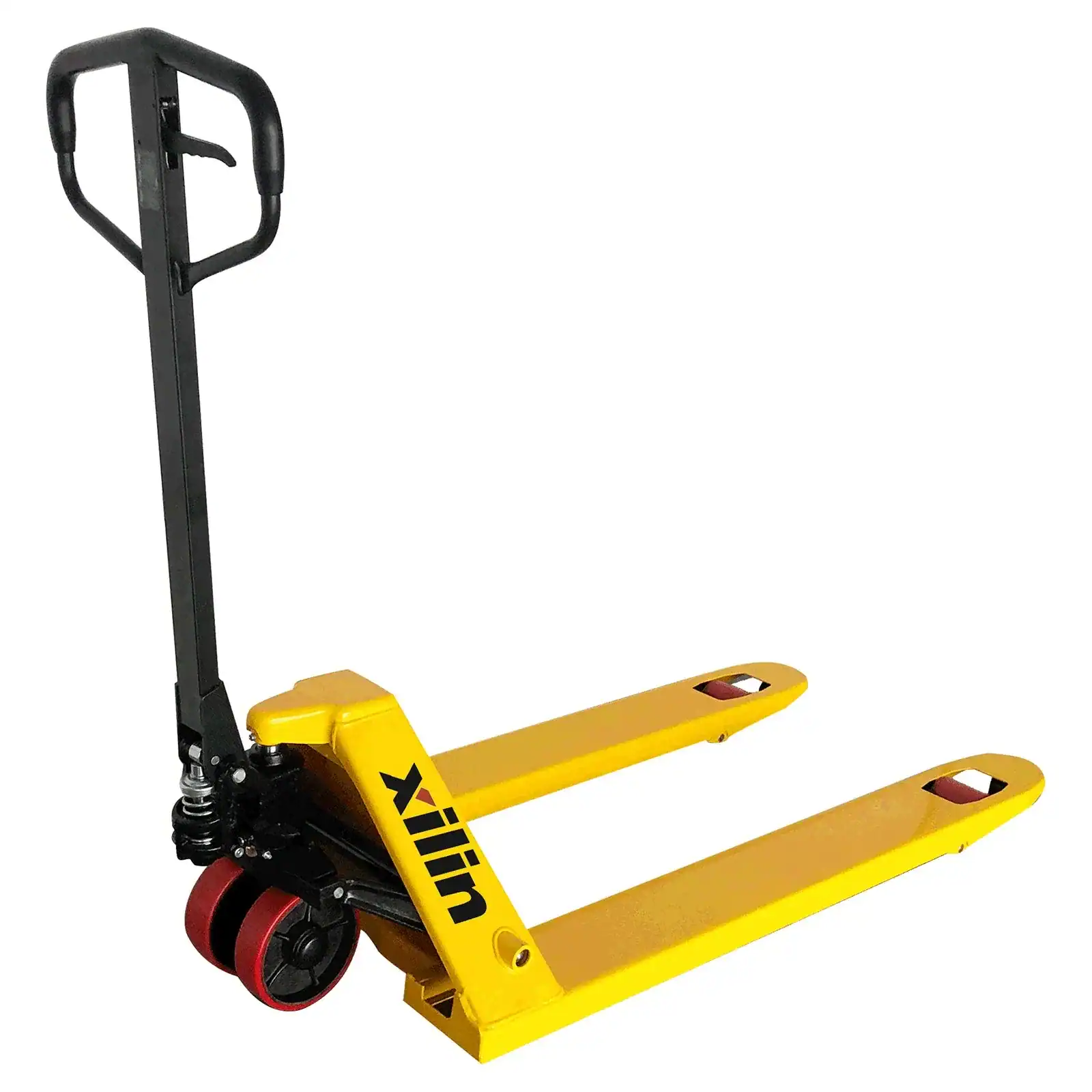 Yellow Xilin hand pallet truck with a black handle and red PU steering wheels