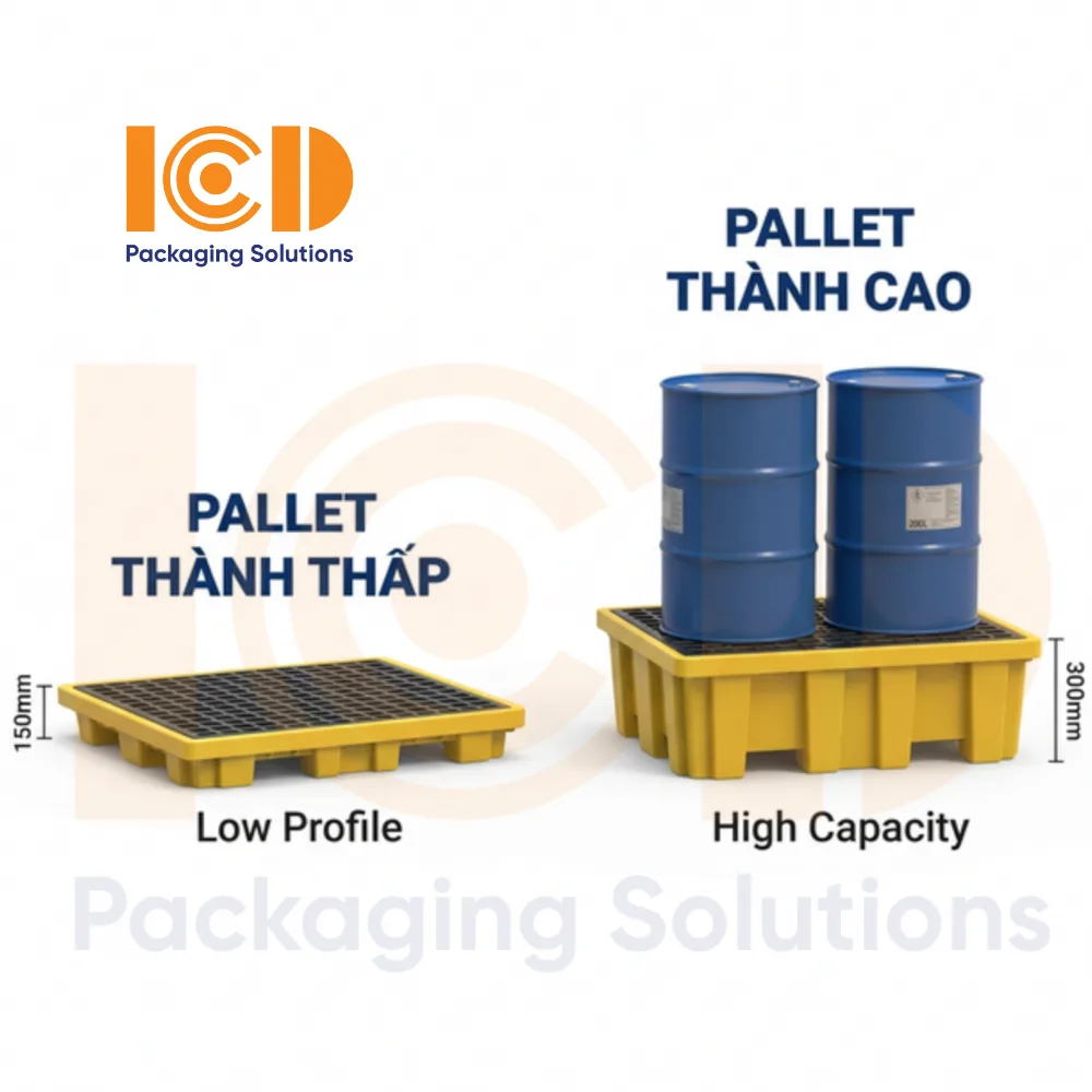 pallet chống tràn thành cao - pallet chống tràn thành thấp