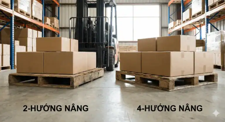 Comparison of 2-way and 4-way entry wooden pallets in a warehouse