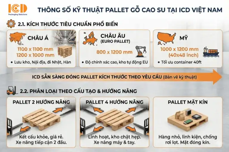 Infographic thông số pallet gỗ cao su ICD Việt Nam: kích thước châu Á, châu Âu, Mỹ và các kiểu nâng