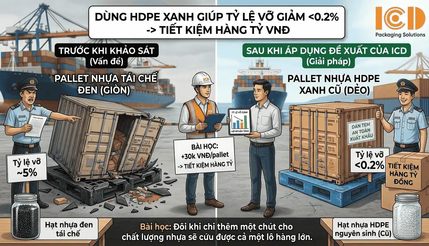 Using green HDPE plastic pallets helps reduce breakage