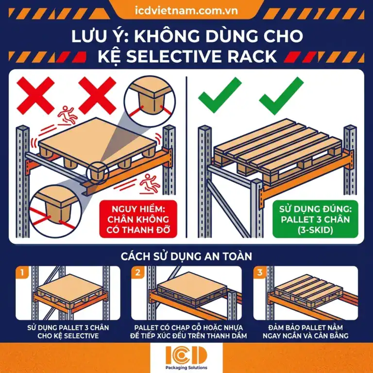Instruction: do not use cup-foot pallets on selective racking; use a 3-runner pallet