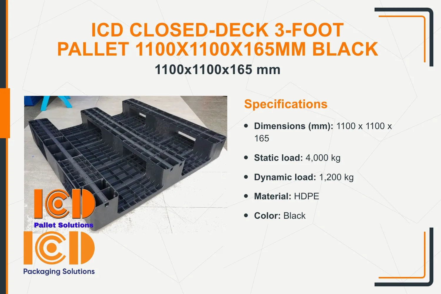 ICD Closed-Deck 3-Foot Pallet 1100x1100x165mm Black