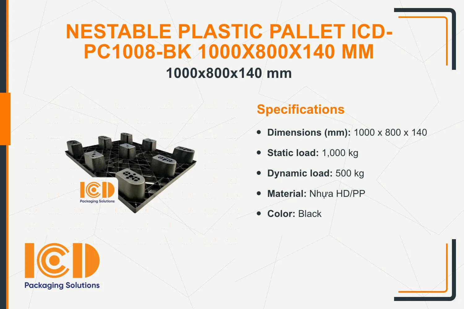 Nestable Plastic Pallet ICD-PC1008-BK 1000x800x140 mm