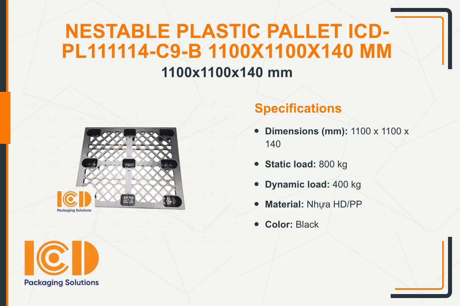 Nestable Plastic Pallet ICD-PL111114-C9-B 1100x1100x140 mm