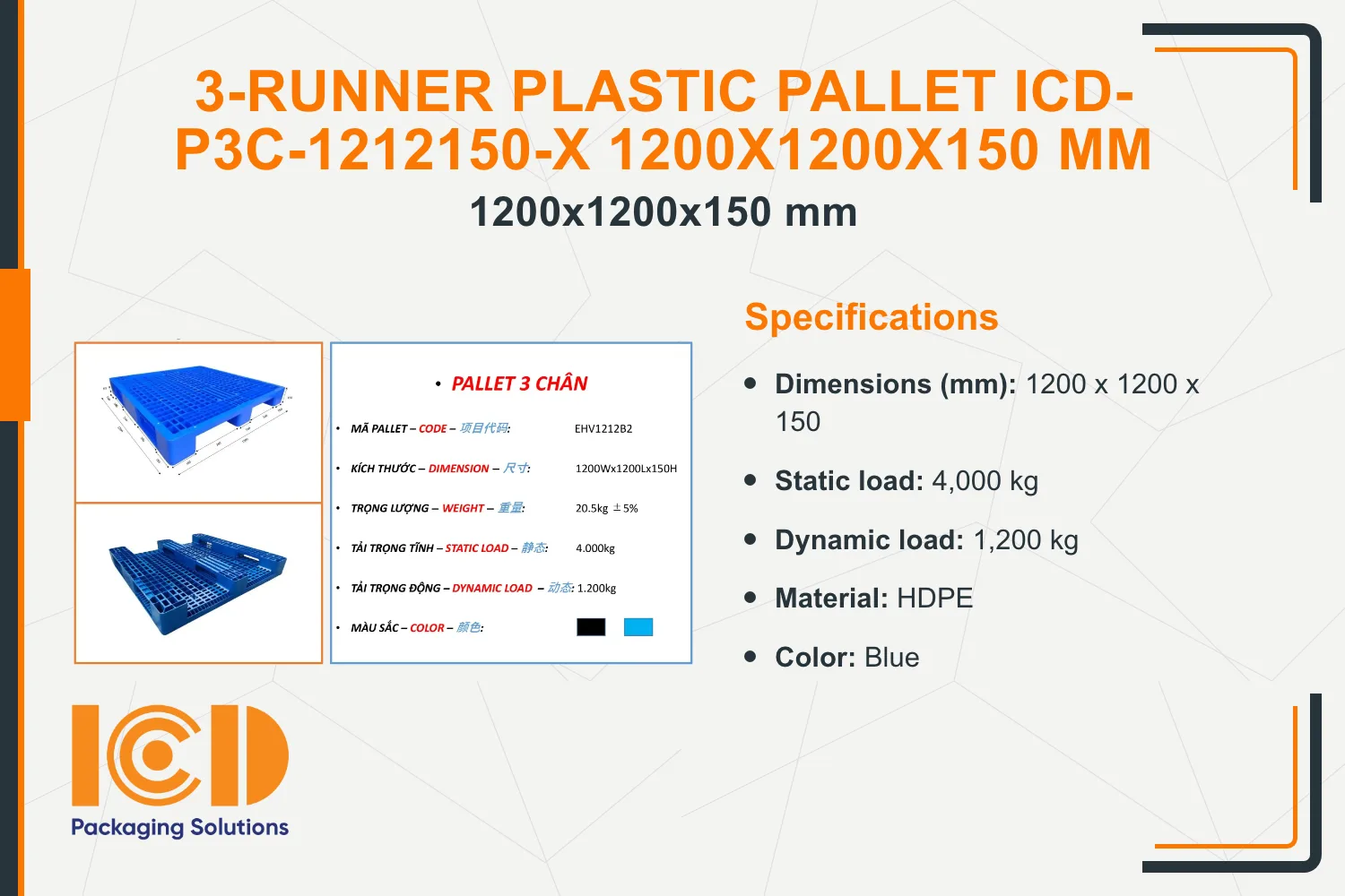 3-Runner Plastic Pallet ICD-P3C-1212150-X 1200x1200x150 mm