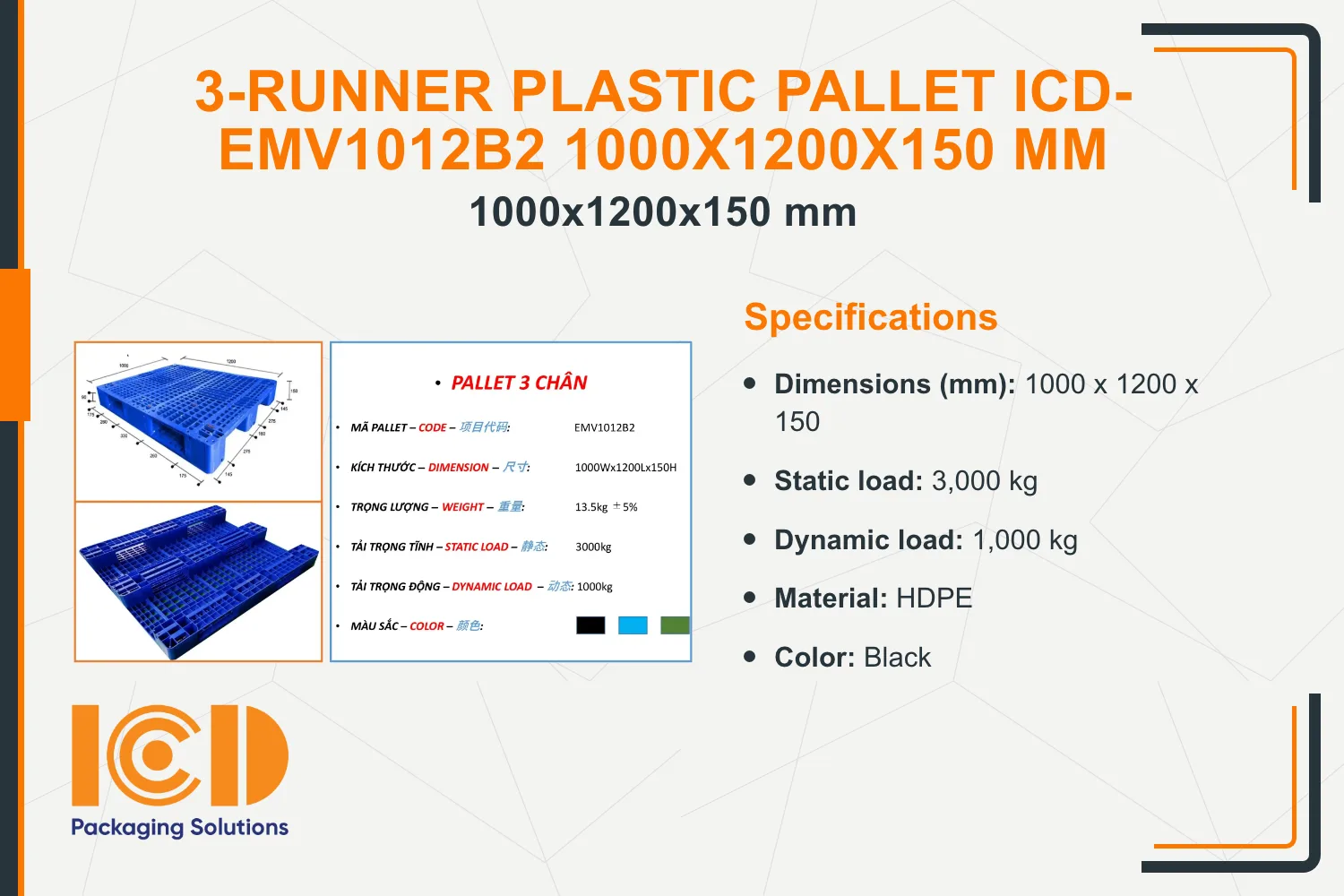 3-Runner Plastic Pallet ICD-EMV1012B2 1000x1200x150 mm