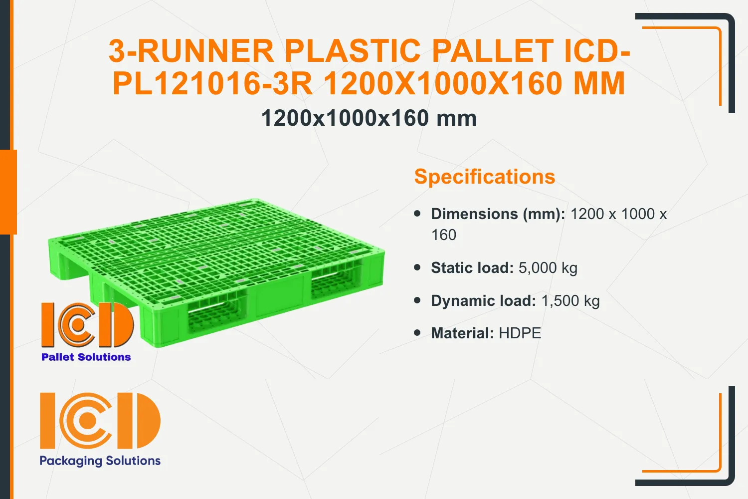 3-Runner Plastic Pallet ICD-PL121016-3R 1200x1000x160 mm