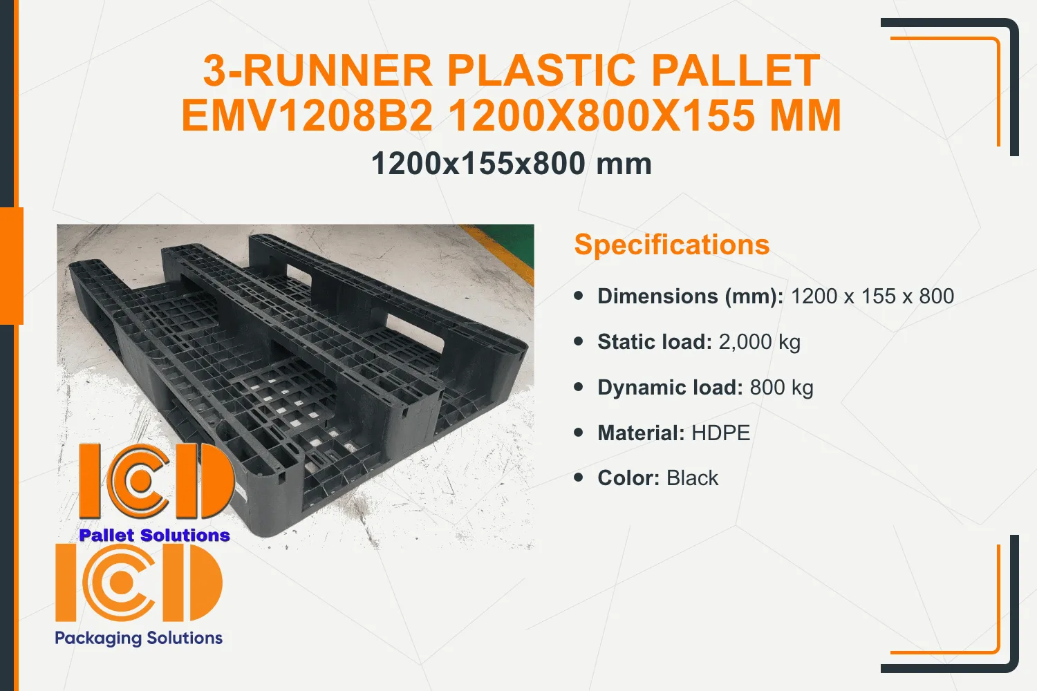 3-Runner Plastic Pallet EMV1208B2 1200x800x155 mm