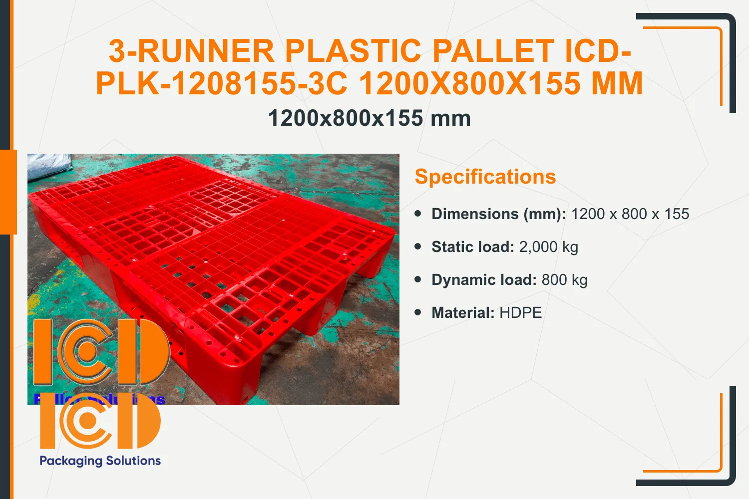 3-Runner Plastic Pallet ICD-PLK-1208155-3C 1200x800x155 mm