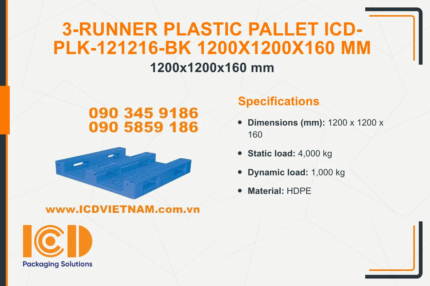 3-Runner Plastic Pallet ICD-PLK-121216-BK 1200x1200x160 mm