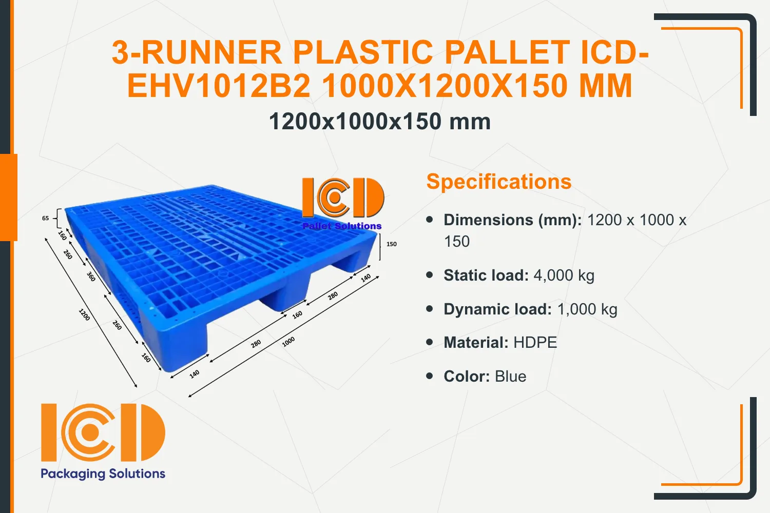 3-Runner Plastic Pallet ICD-EHV1012B2 1000x1200x150 mm