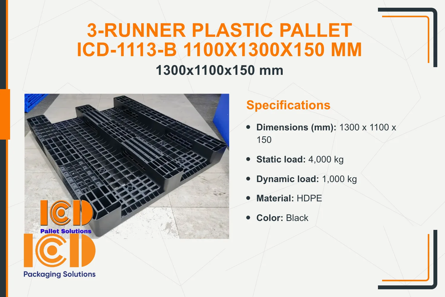 3-Runner Plastic Pallet ICD-1113-B 1100x1300x150 mm